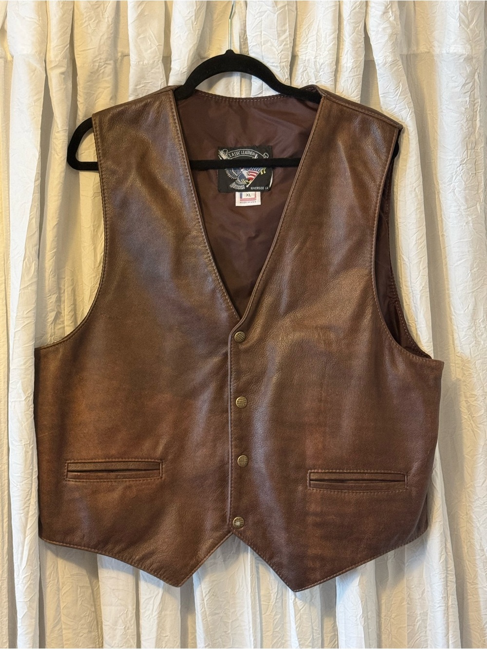 Brown Leather Vest with Snap Closure
